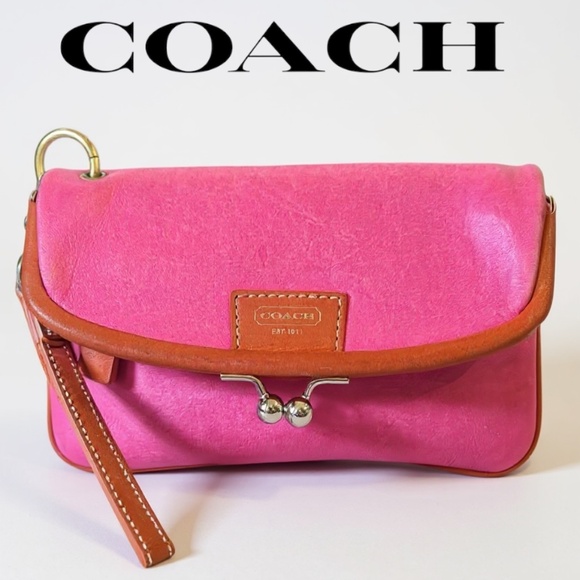 Coach Legacy Kisslock Leather Wristlet Pink Orange Stripe Lining Y2K Barbiecore - Picture 1 of 12